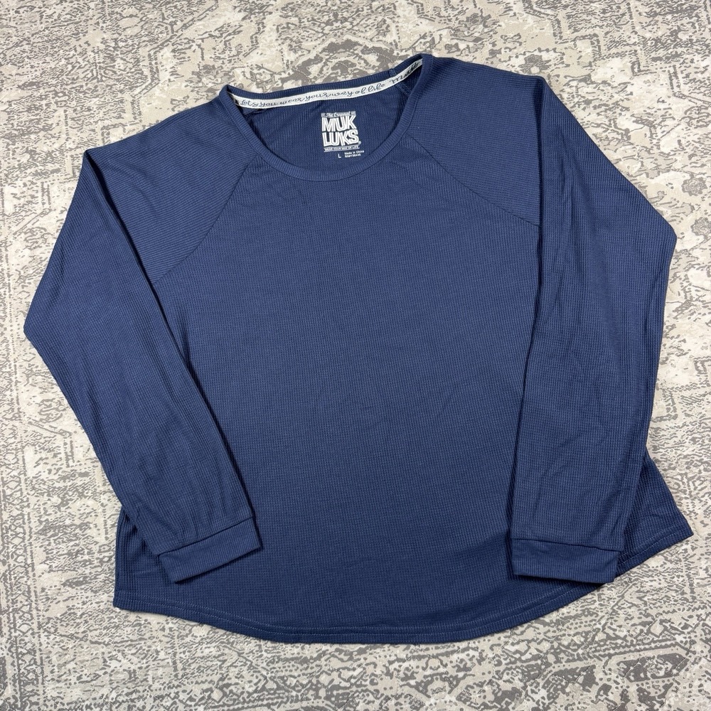 MUK LUKS Womens Large Blue Waffle Knit Long Sleeve Thermal Relaxed Top A618773